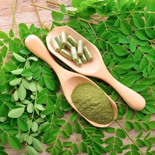 moringa leaf and powder capsule on  a wooden background
